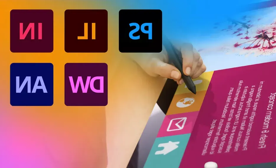 Graphic including a person drawing on a tablet with Adobe program icons
